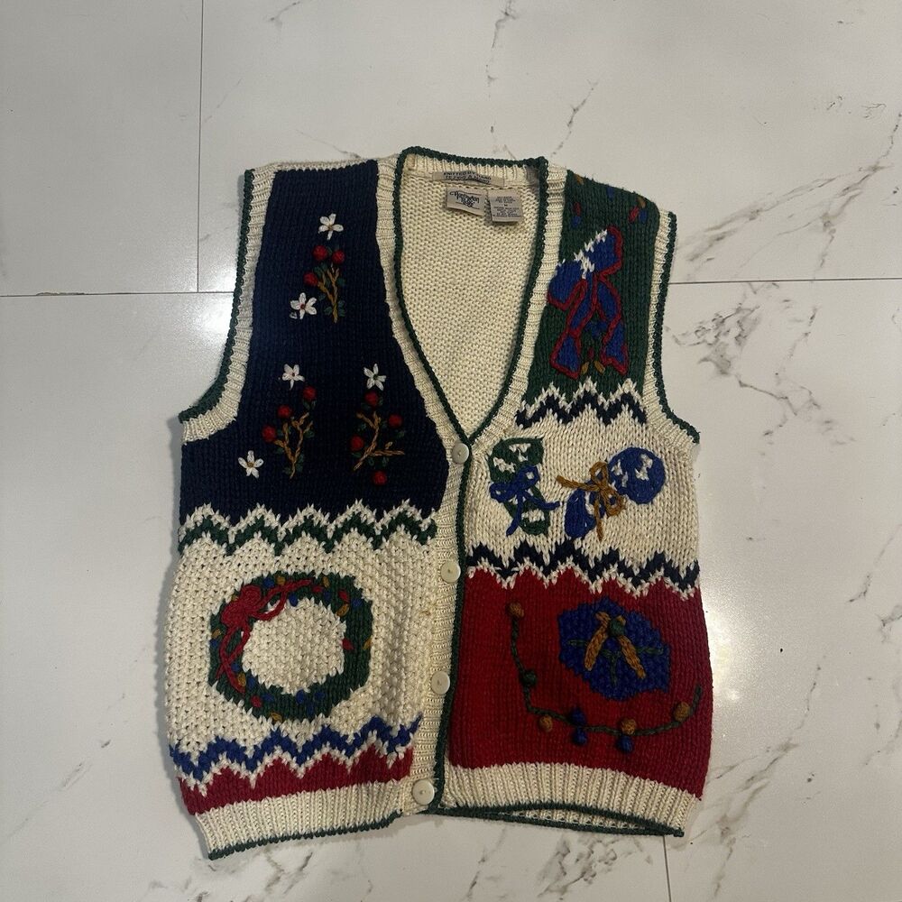 VTG Huntington Ridge Womens Med Christmas Cardigan Vest Cottagecore Grannycore